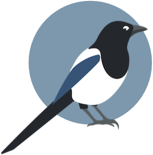 logo of a magpie with blue highlights