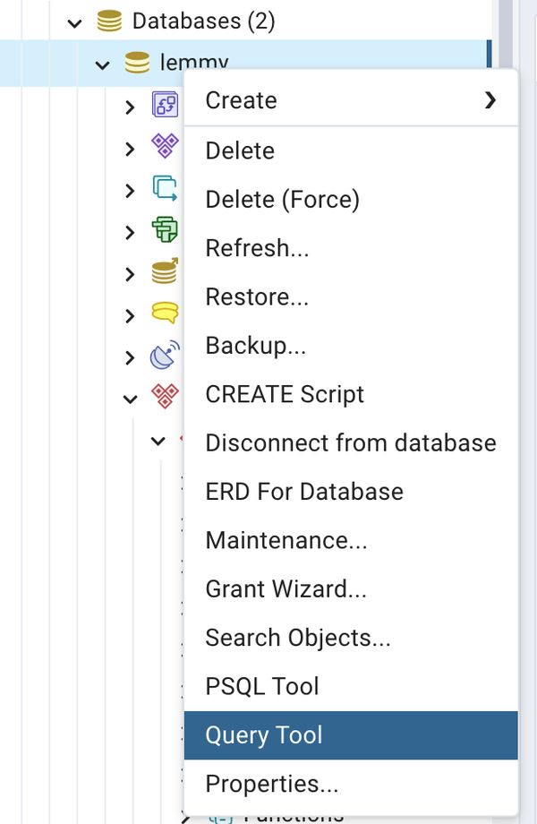 The secondary menu triggered by a right click of the 'server' in the sidebar, showcasing the options available, including 'Query Tool', which allows you to enter your SQL queries to call against the database.